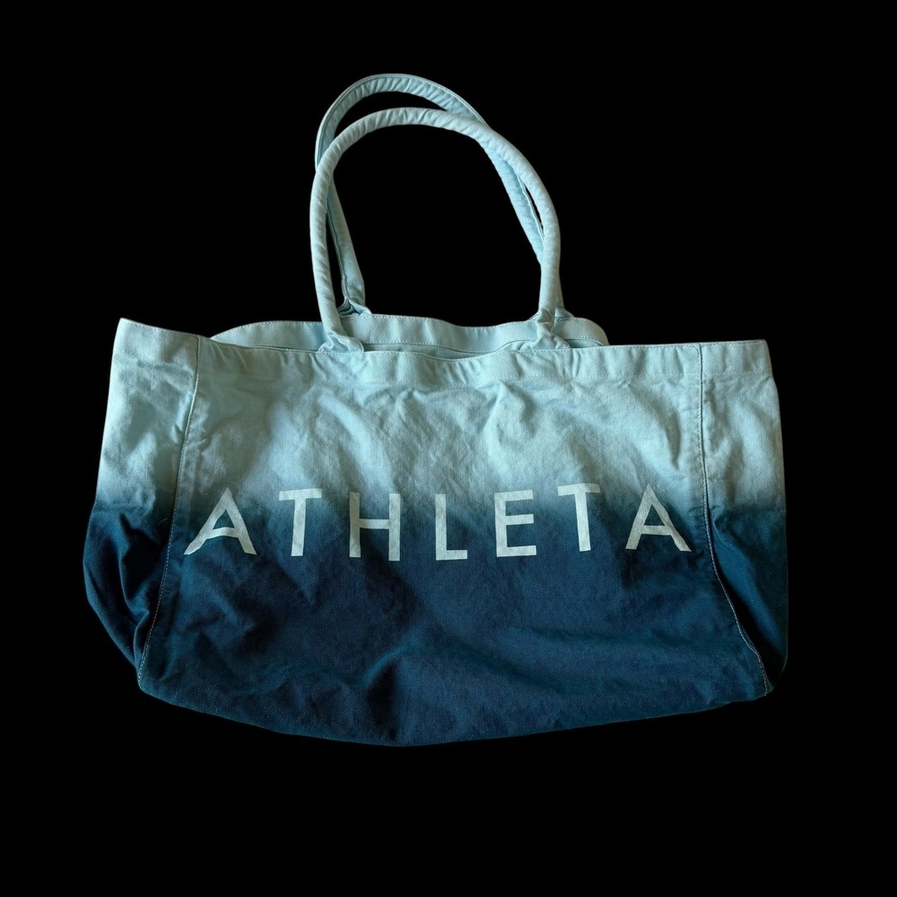 Athleta Canvas Tote Bag Blue Ombre Dip Dye Logo Large Gym Beach Bag 100% Cotton
